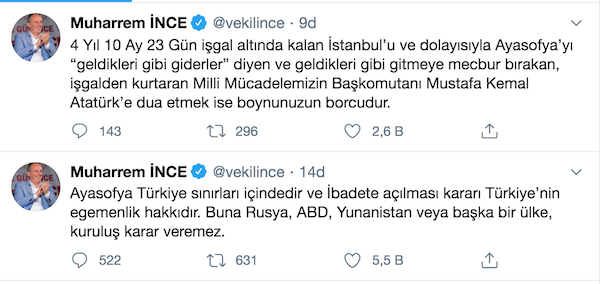 Muharrem İnce'den Ayasofya çıkışı: İbadete açılması kararı Türkiye’nin egemenlik hakkıdır - Resim : 1