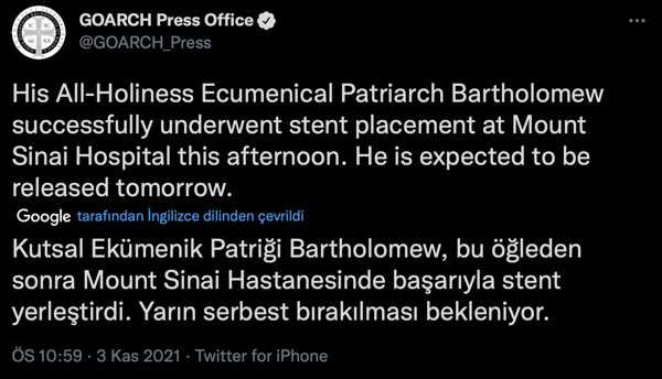 Fener Rum Patriği Bartholomeos hastaneye kaldırıldı - Resim : 1