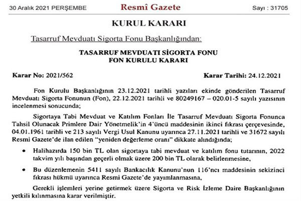 Mevduata TMSF garantisinin üst limiti 200 bin TL'ye çıkarıldı - Resim : 1