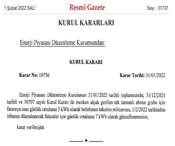 Günlük elektrik tüketiminin güncellenmesine ilişkin karar Resmi Gazete’de - Resim : 1