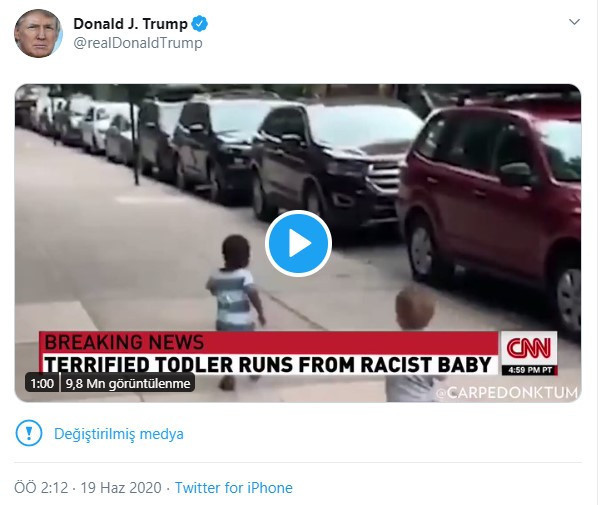 Twitter, Trump'ın paylaştığı videoya 'manipüle edilmiş' uyarısı koydu - Resim : 1