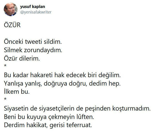 Yusuf Kaplan, Erdoğan'ı eleştirdiği mesajını sildiği için özür diledi, sonra özür masajını da sildi - Resim : 1