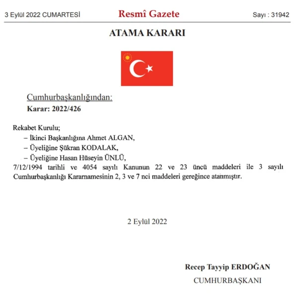 Rekabet Kurulu'na atama kararları Resmi Gazete'de - Resim : 1