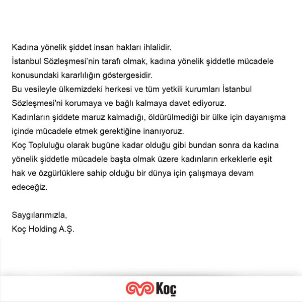 Koç Holding iktidarı İstanbul Sözleşmesi'ne bağlı kalmaya davet etti - Resim : 1