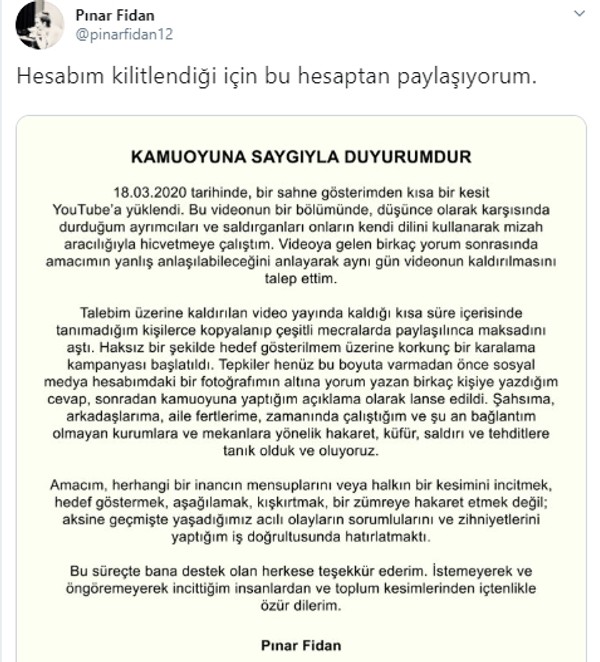 Komedyen Pınar Fidan: İncittiğim insanlardan ve toplum kesimlerinden içtenlikle özür dilerim - Resim : 1