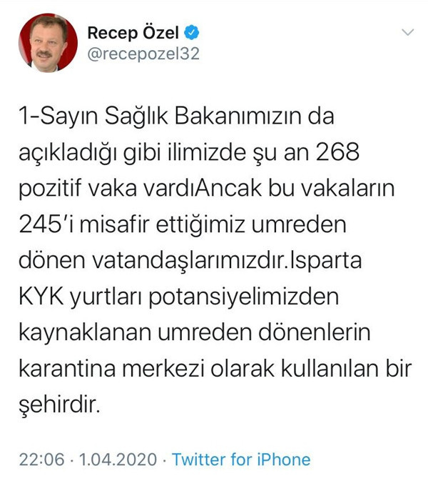 'Isparta'daki 268 koronavirüs vakasından 245'i umreden gelenler ve çevresi' - Resim : 1
