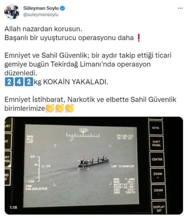 Bakan Soylu: Tekirdağ Limanı'nda 242 kilogram kokain ele geçirildi - Resim : 1