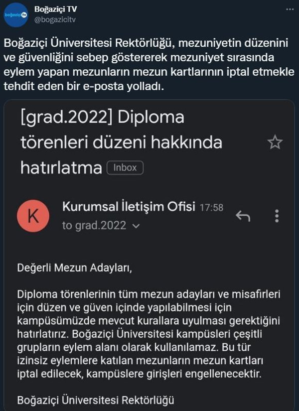 Boğaziçi Rektörlüğü: Mezuniyet töreninde eylem yapılırsa mezun kartlarınız iptal edilir - Resim : 1