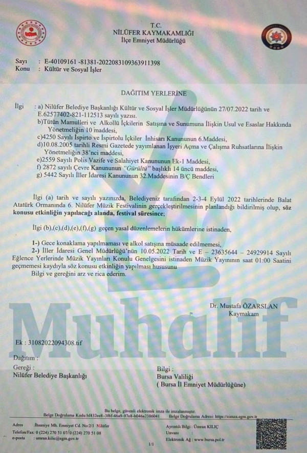Bir engel de Nilüfer Müzik Festivali’ne: Konaklama ve alkol satışı yasaklandı - Resim : 1