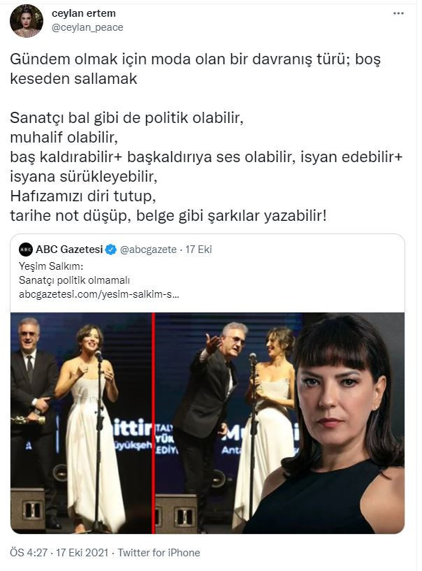 Ceylan Ertem'den Yeşim Salkım'a: Gündem olmak için moda olan bir davranış türü; boş keseden sallamak - Resim : 1