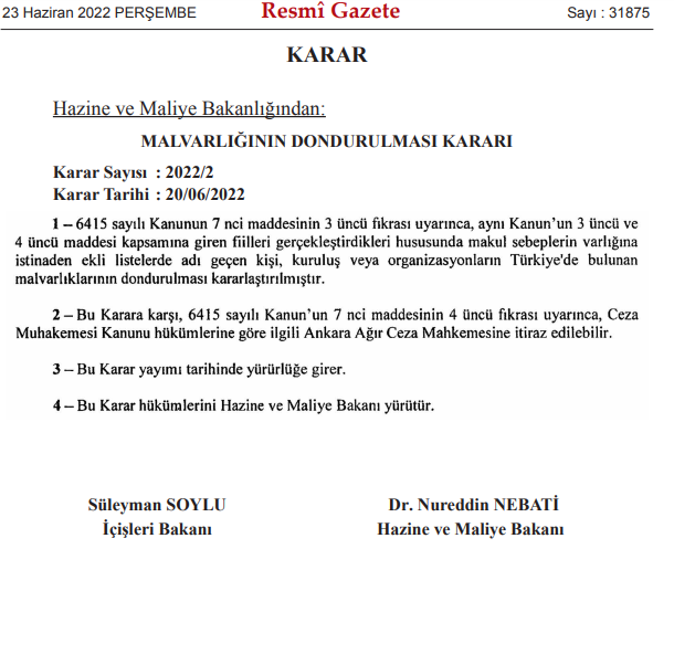 Resmi Gazete: IŞİD ve El-Kaide üyesi bazı kişi ve kuruluşların mal varlıkları donduruldu - Resim : 1
