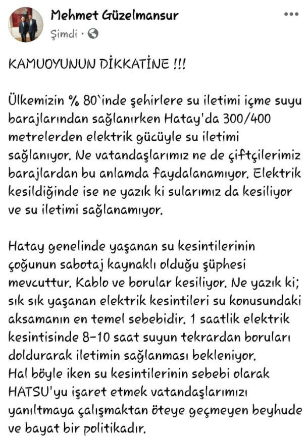 CHP'li Güzelmansur'dan Hatay'daki su kesintileri hakkında 'sabotaj' iddiası - Resim : 1