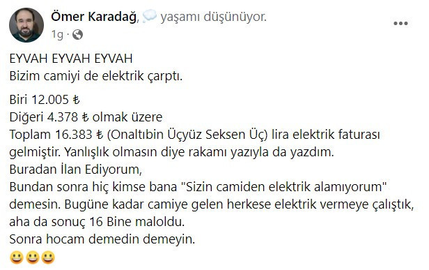 İmamdan 16 bin TL'lik fatura paylaşımı: Bizim camiyi elektrik çarptı - Resim : 1