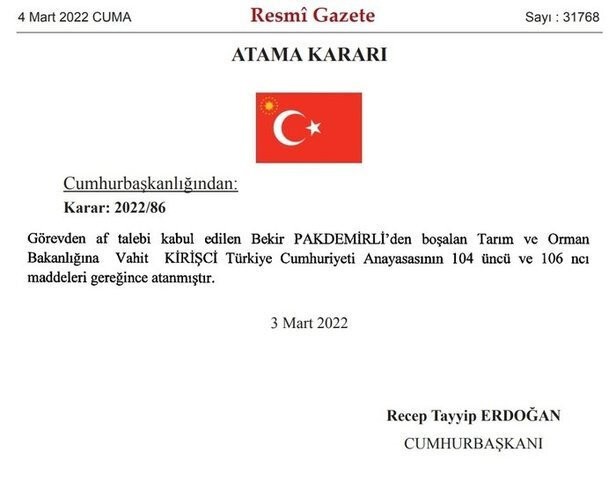 Bir gece yarısı kararı daha: Tarım ve Orman Bakanı değişti - Resim : 1