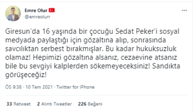 'Sedat Peker' paylaşımı yapan 16 yaşındaki genç gözaltına alındı - Resim : 1