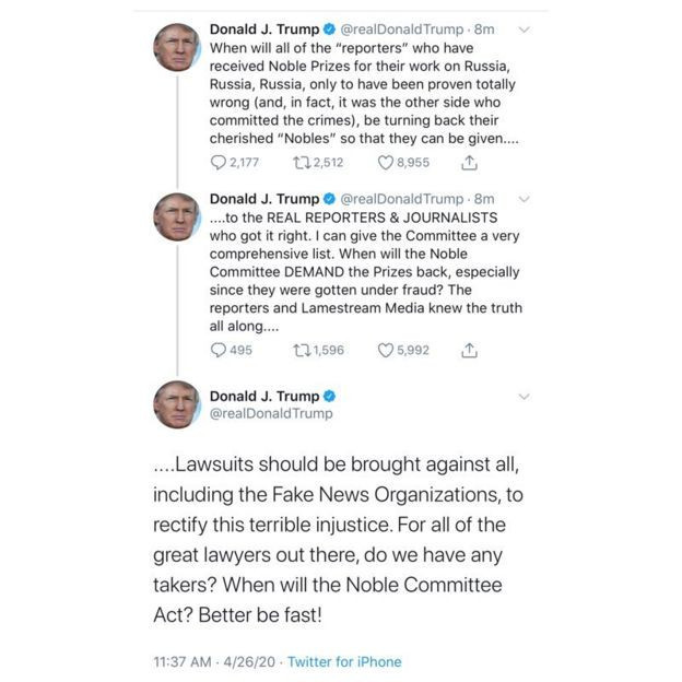 Trump hız kesmiyor: O gazeteciler Noble Ödülü'nü iade etsin - Resim : 1