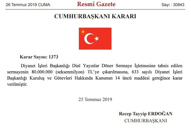Erdoğan’dan Diyanet’e tahsis edilen sermayede artırım kararı - Resim : 1