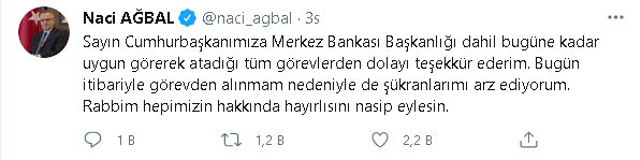 Merkez Bankası Başkanlığı görevinden alınan Naci Ağbal'dan ilk açıklama - Resim : 1