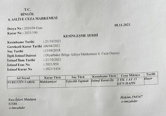 Bingöl MHP İl Başkanına ‘tefecilik yapmak’ suçundan ceza - Resim : 1