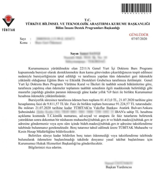 TÜBİTAK, KHK'li doktora öğrencisine verdiği bursu faiziyle geri istedi - Resim : 1