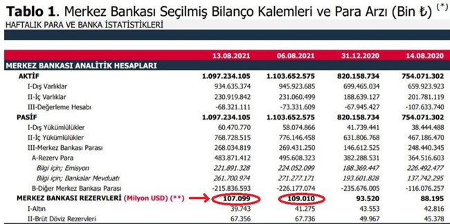 Erdoğan'a rezerv bilgisi doğru verilmemiş: Brüt 109 milyar dolar 6 Ağustos tarihine ait - Resim : 1
