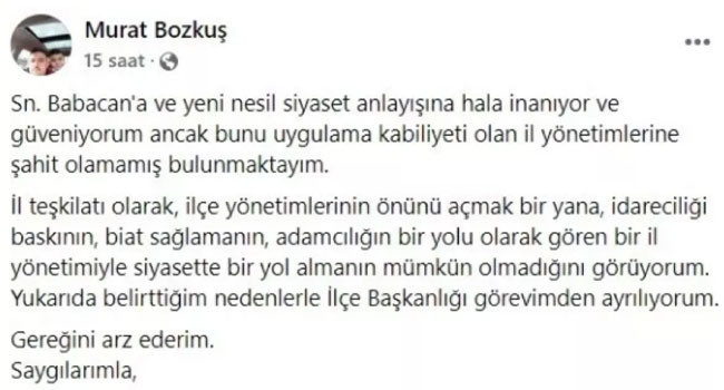 DEVA Partili İlçe Başkanı Bozkuş, 'baskı', 'biat' ve 'adamcılık' tepkisiyle istifa etti - Resim : 1