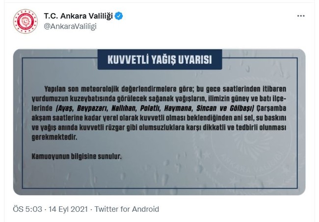 Ankara Valiliği'nden kuvvetli yağış uyarısı - Resim : 1