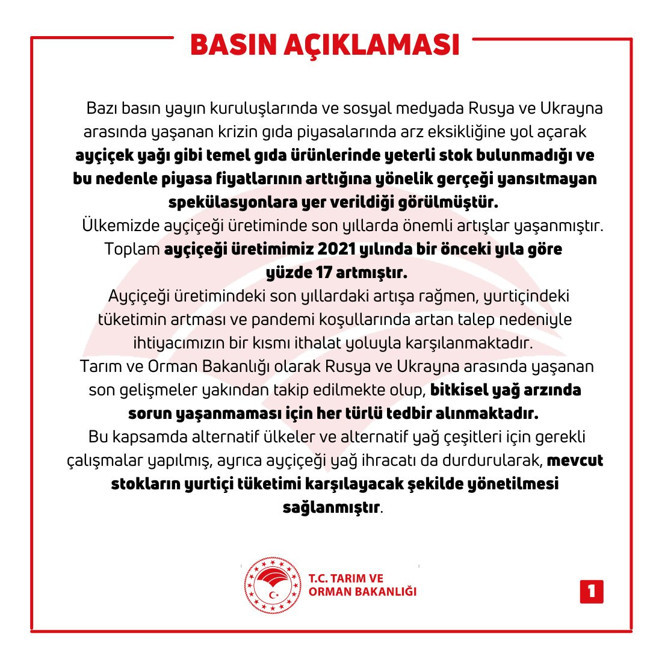 Tarım Bakanı Kirişçi: Ülkemizin yeterli miktarda ayçiçek yağı stoku bulunuyor - Resim : 1