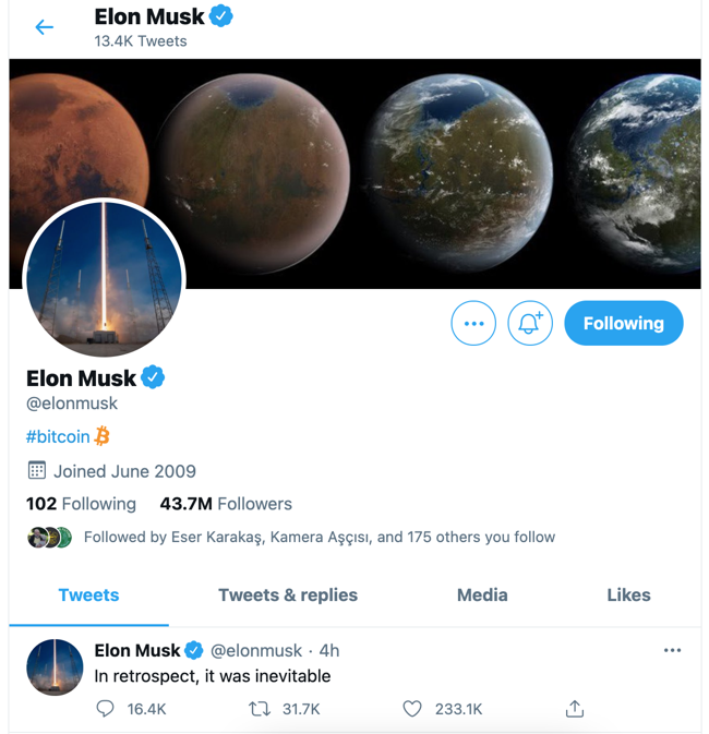 Twitter'a #bitcoin yazan Musk, GameStop ve Dogecoin'in ardından Bitcoin'i de uçurdu - Resim : 1