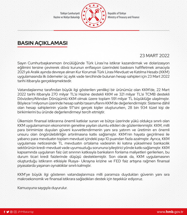 Bakanlıktan KKM açıklaması: Dövizden dönüşümlü KKM büyüklüğü 321 milyar TL - Resim : 1