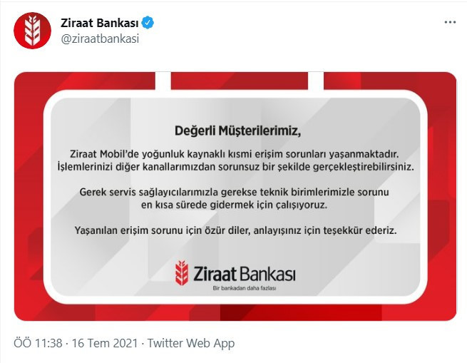 Mobil uygulaması çöken Ziraat Bankası'ndan açıklama - Resim : 1