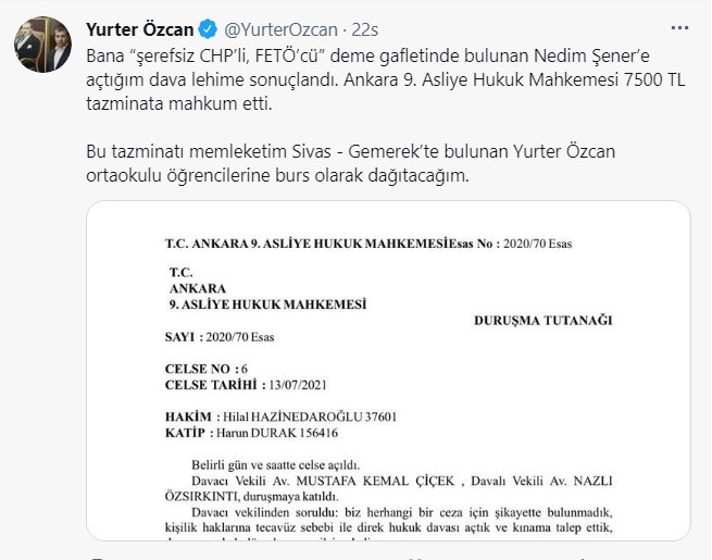 Nedim Şener, CHP'li Özcan'a tazminat ödeyecek - Resim : 1