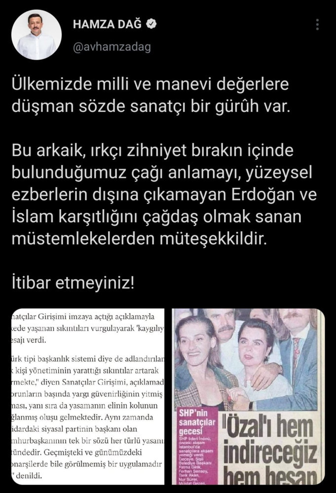 AKP'li Hamza Dağ, Sanatçılar Girişimi'nin yaptığı açıklamayı hedef aldı - Resim : 1