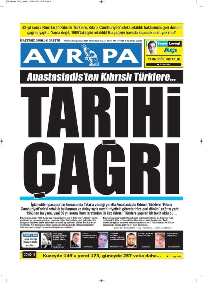 Avrupa gazetesinden Kıbrıs için 'tarihi çağrı' maşeti - Resim : 1