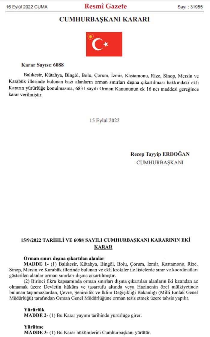 11 ilde bazı alanlar orman sınırları dışına çıkartıldı - Resim : 1
