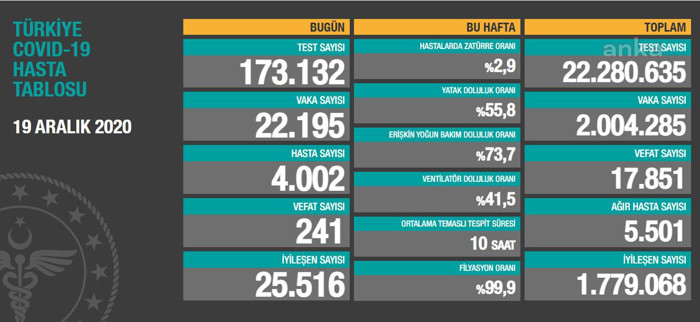 Coronavirus tablosu: 241 kişi vefat etti, yeni hasta sayısı 4 bin 2 oldu - Resim : 1