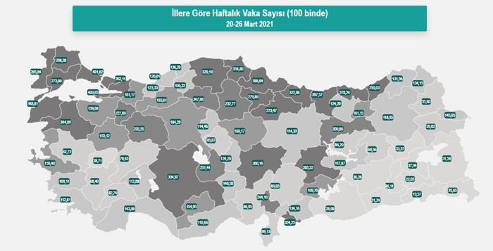 Sağlık Bakanlığı illere göre haftalık vaka haritasını güncelledi, Samsun yine ilk sırada - Resim : 1