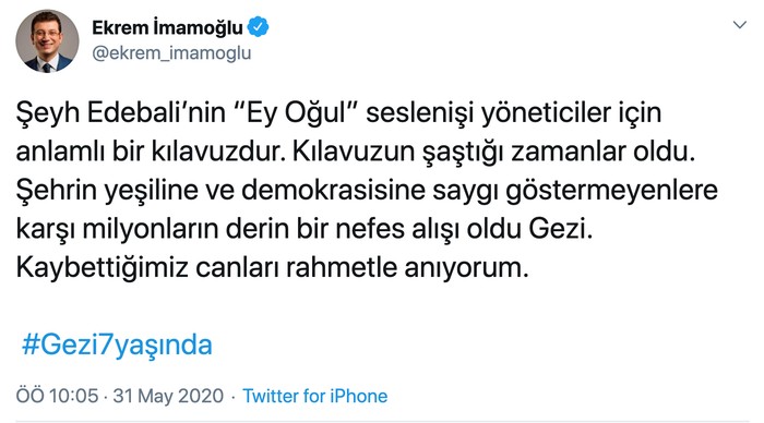 İmamoğlu'ndan 'Gezi' mesajı: Kaybettiğimiz canları rahmetle anıyorum - Resim : 1