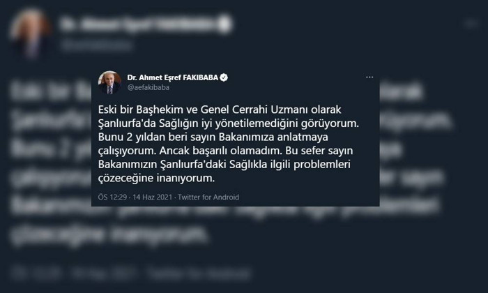 Urfa'da İl Sağlık Müdürü görevden alınınca AKP'li Fakıbaba paylaşımını sildi - Resim : 1