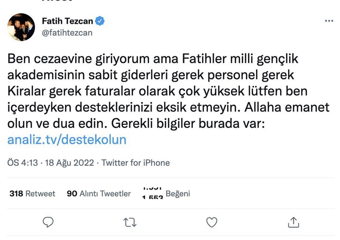 Fatih Tezcan cezaevine girdiğini duyurdu, sosyal medyadan IBAN numarası paylaştı - Resim : 1