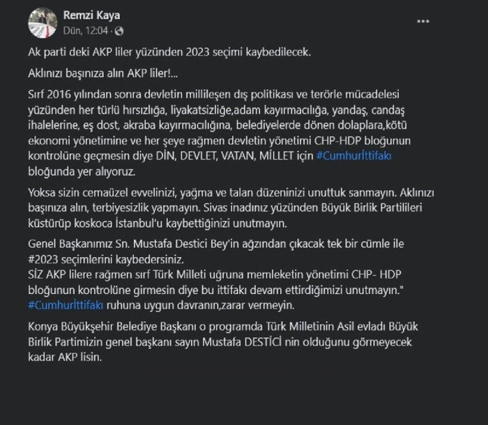 'Aklınızı başınıza alın AKP'liler' demişti: BBP'li başkan görevden affını istedi - Resim : 1
