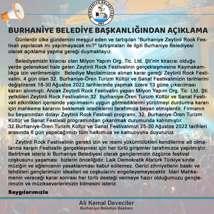 Burhaniye Belediyesi'nden 'Zeytinli Rock Festivali'ne destek açıklaması - Resim : 1
