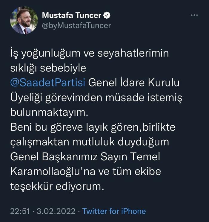 İş insanı Mustafa Tuncer, Saadet Partisi'nden ayrıldı - Resim : 1