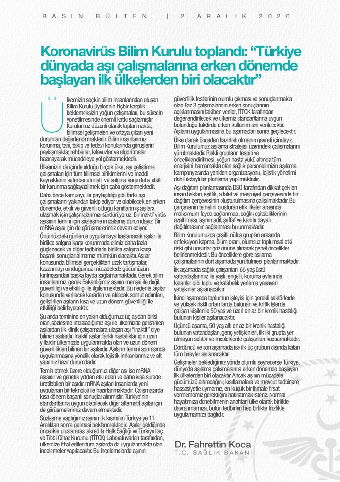 Bilim Kurulu aşıda öncelikli olanları belirledi: Önce sağlık çalışanları aşılanacak - Resim : 1