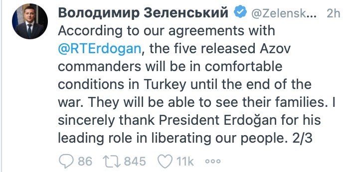 Zelenskiy: Erdoğan'la anlaşmamız kapsamında 5 Azov komutanı Türkiye'de kalacak - Resim : 1