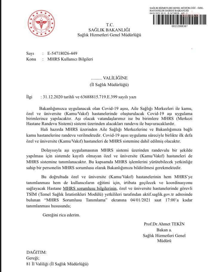 Sağlık Bakanlığından aşının kullanımına ilişkin genelge: MHRS'den randevu verilecek - Resim : 1