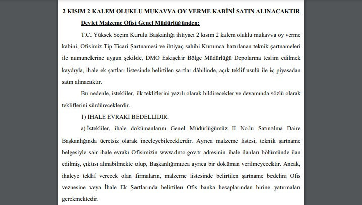 Resmi Gazete'de dikkat çeken ilan: YSK için oy verme kabini ihalesi açıldı - Resim : 1