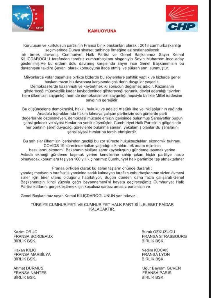 CHP Fransa Birlikleri'nden Muharrem İnce istifasına ilişkin açıklama - Resim : 1