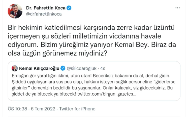 Bakan Koca'dan Kılıçdaroğlu'nun 'hekim cinayeti' paylaşımına tepki: Zerre kadar üzüntü içermeyen sözler - Resim : 1