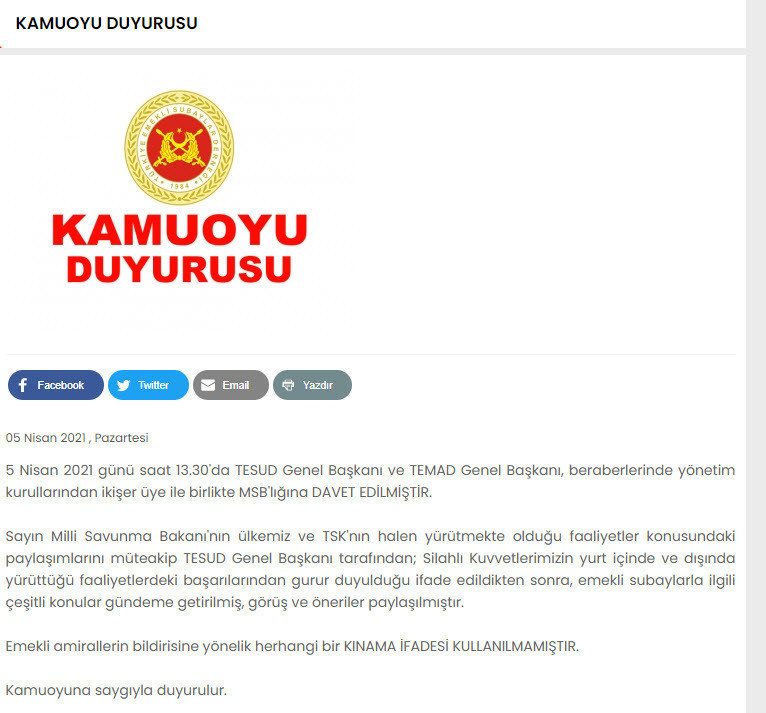 Emekli Subaylar Derneği Milli Savunma Bakanlığı'nı yalanladı: Kınama ifadesi kullanılmadı - Resim : 1
